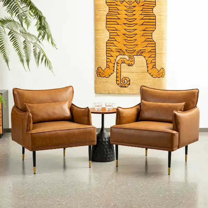 Sillón Moderno de Mediados de Siglo de Piel Sintética con Bolsillo Lateral (Juego de 2)