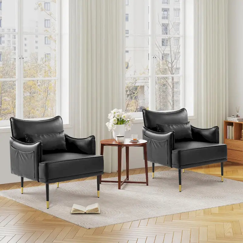 Sillón Moderno de Mediados de Siglo de Piel Sintética con Bolsillo Lateral (Juego de 2)