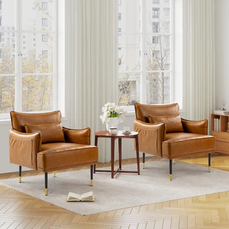Sillón Moderno de Mediados de Siglo de Piel Sintética con Bolsillo Lateral (Juego de 2)