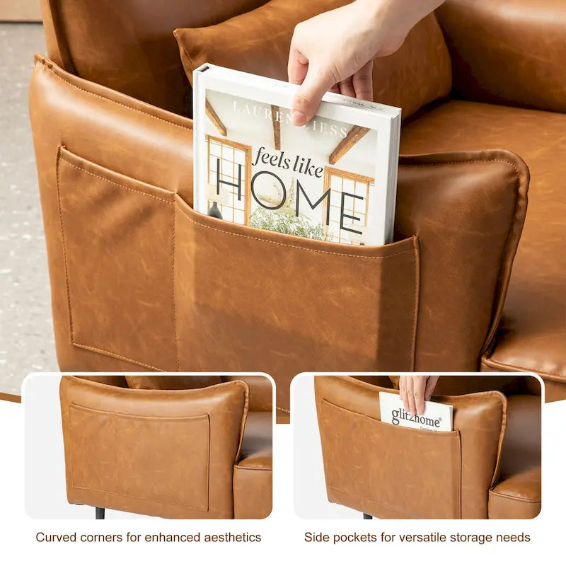 Sillón Moderno de Mediados de Siglo de Piel Sintética con Bolsillo Lateral (Juego de 2)