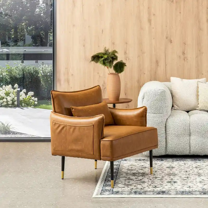 Sillón Moderno de Mediados de Siglo de Piel Sintética con Bolsillo Lateral (Juego de 2)