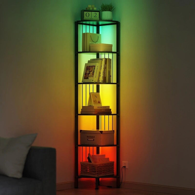 Estante esquinero de 6 niveles con iluminación LED, 29.7 cm Prof. x 29.7 cm An. x 160 cm Al.