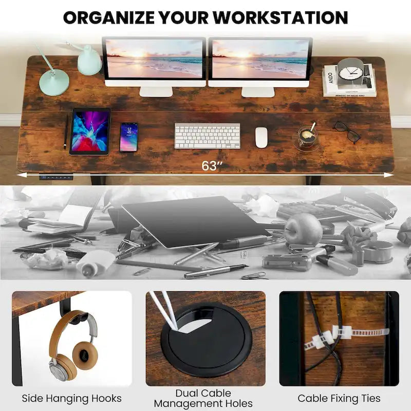 Escritorio de pie eléctrico de altura ajustable de 63 x 24 pulgadas