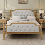 Base de cama matrimonial con cabecero tapizado capitoné y listones de madera de pino