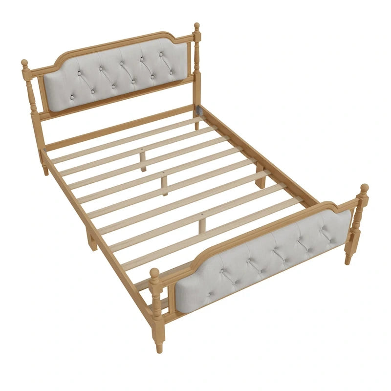 Base de cama matrimonial con cabecero tapizado capitoné y listones de madera de pino
