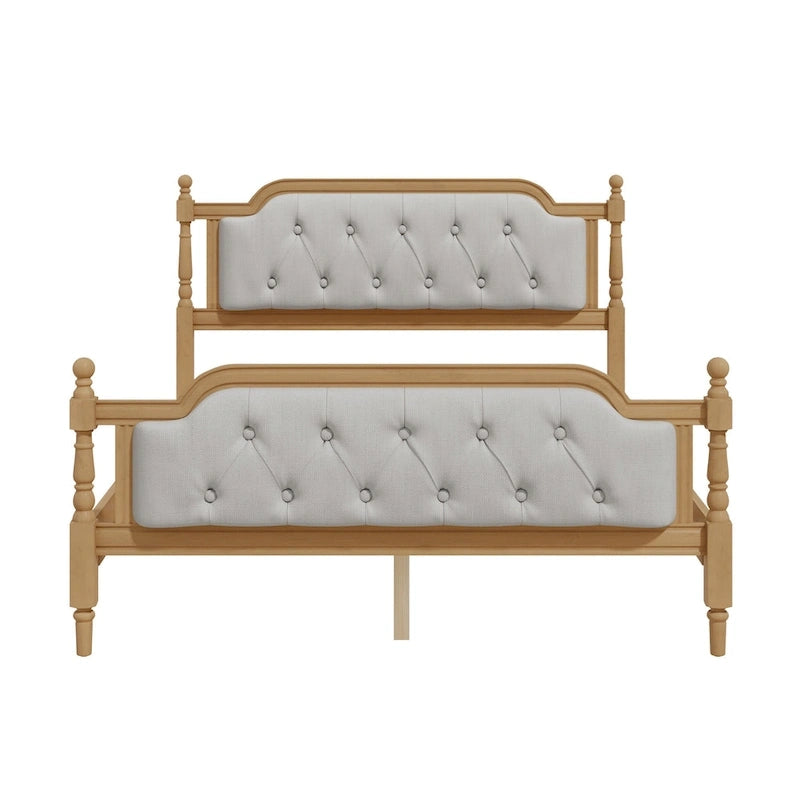 Base de cama matrimonial con cabecero tapizado capitoné y listones de madera de pino