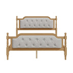 Base de cama matrimonial con cabecero tapizado capitoné y listones de madera de pino