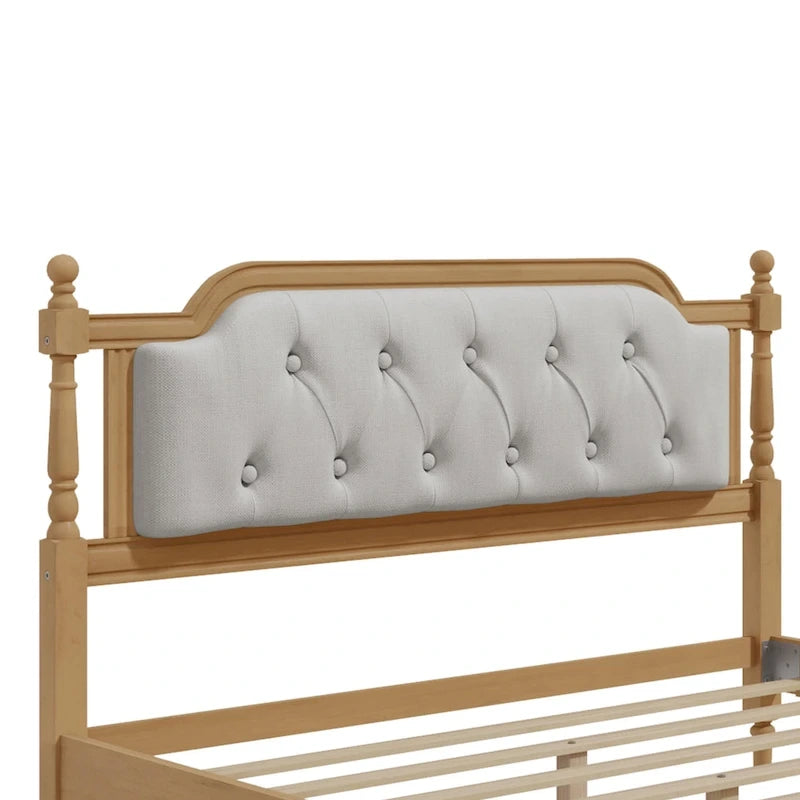 Base de cama matrimonial con cabecero tapizado capitoné y listones de madera de pino