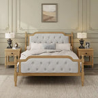 Base de cama matrimonial con cabecero tapizado capitoné y listones de madera de pino