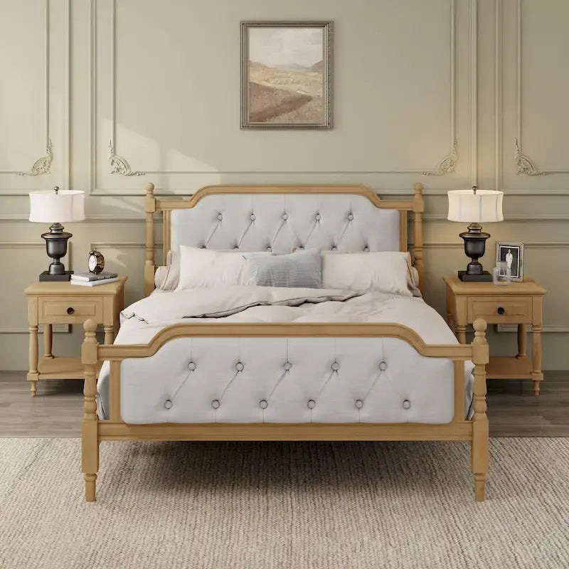 Base de cama matrimonial con cabecero tapizado capitoné y listones de madera de pino