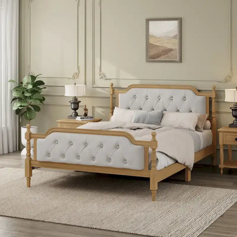 Base de cama matrimonial con cabecero tapizado capitoné y listones de madera de pino