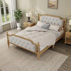 Base de cama matrimonial con cabecero tapizado capitoné y listones de madera de pino