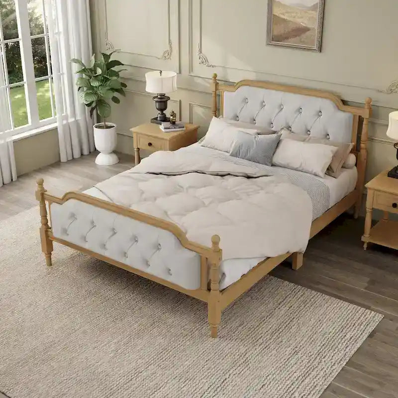 Base de cama matrimonial con cabecero tapizado capitoné y listones de madera de pino