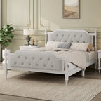 Base de cama matrimonial con cabecero tapizado capitoné y listones de madera de pino