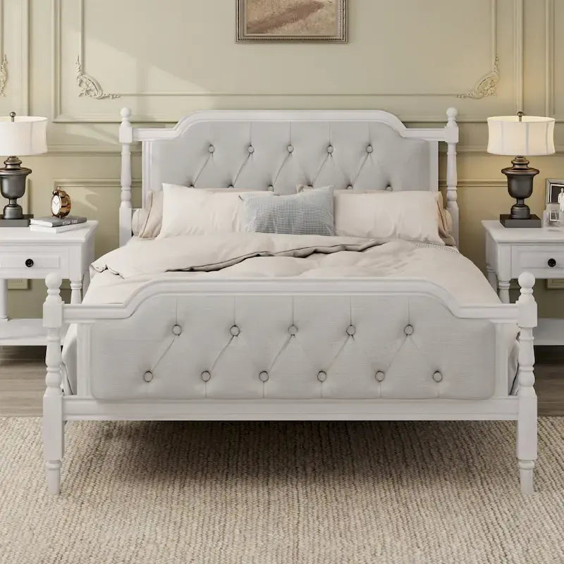 Base de cama matrimonial con cabecero tapizado capitoné y listones de madera de pino