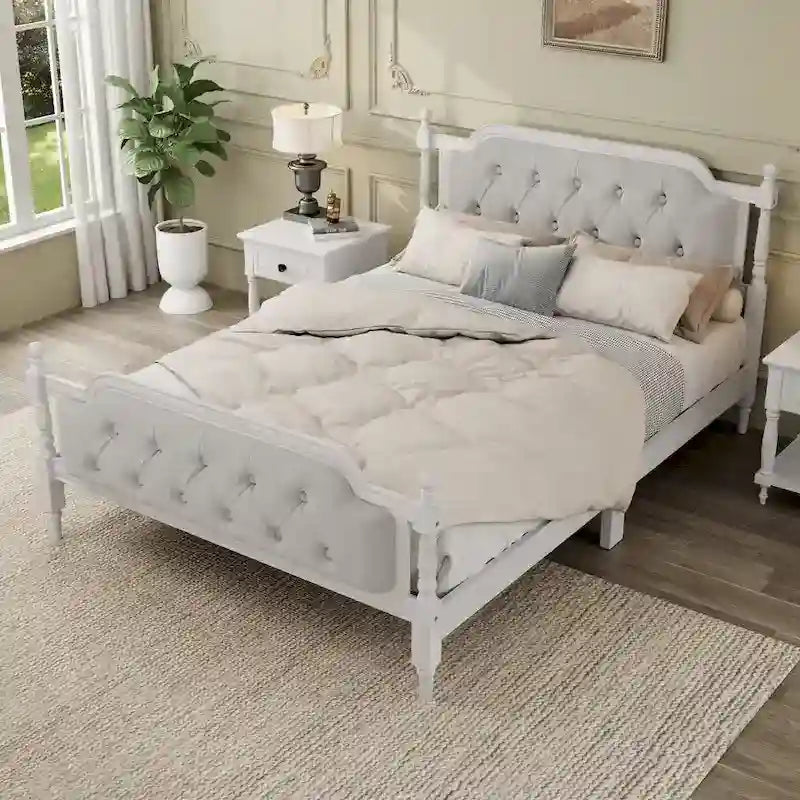 Base de cama matrimonial con cabecero tapizado capitoné y listones de madera de pino
