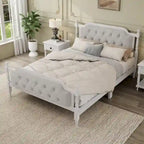 Base de cama matrimonial con cabecero tapizado capitoné y listones de madera de pino