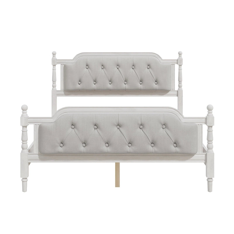 Base de cama matrimonial con cabecero tapizado capitoné y listones de madera de pino