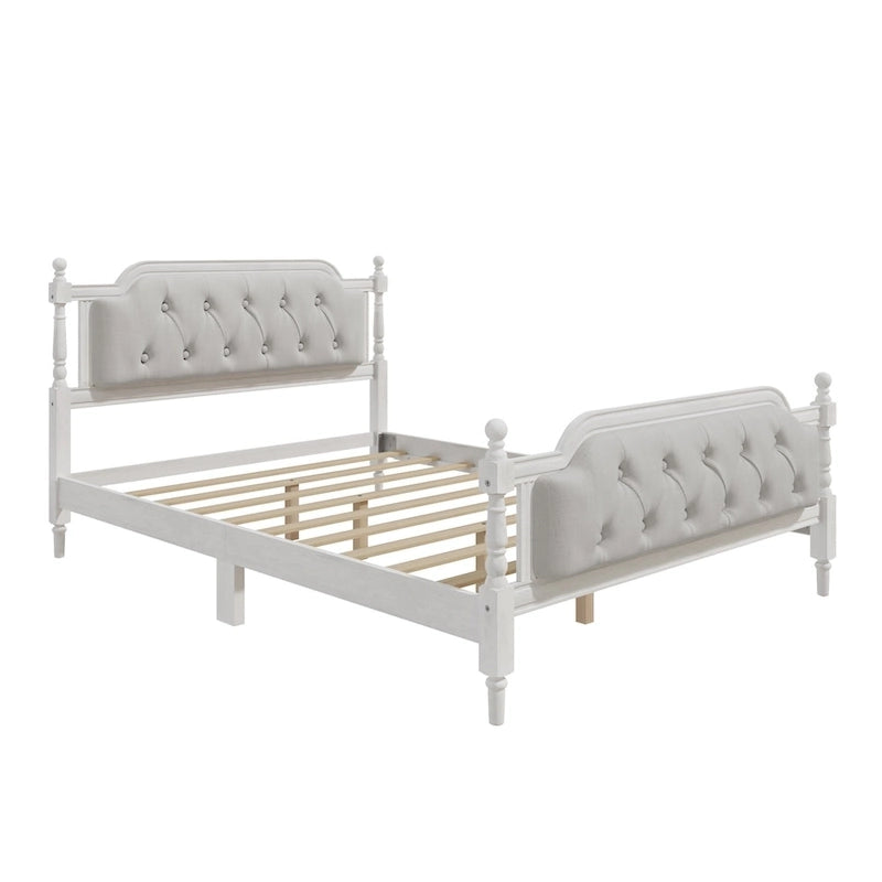 Base de cama matrimonial con cabecero tapizado capitoné y listones de madera de pino