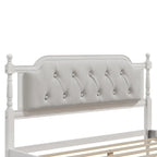 Base de cama matrimonial con cabecero tapizado capitoné y listones de madera de pino