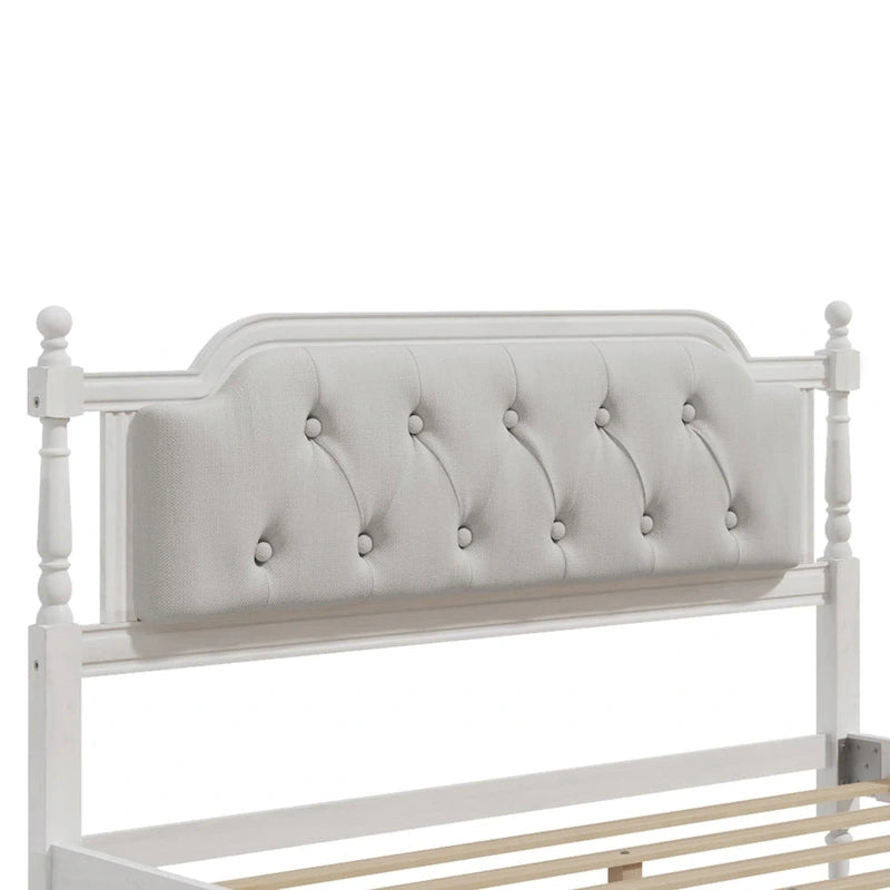 Base de cama matrimonial con cabecero tapizado capitoné y listones de madera de pino