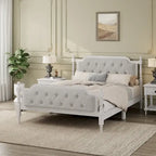 Base de cama matrimonial con cabecero tapizado capitoné y listones de madera de pino