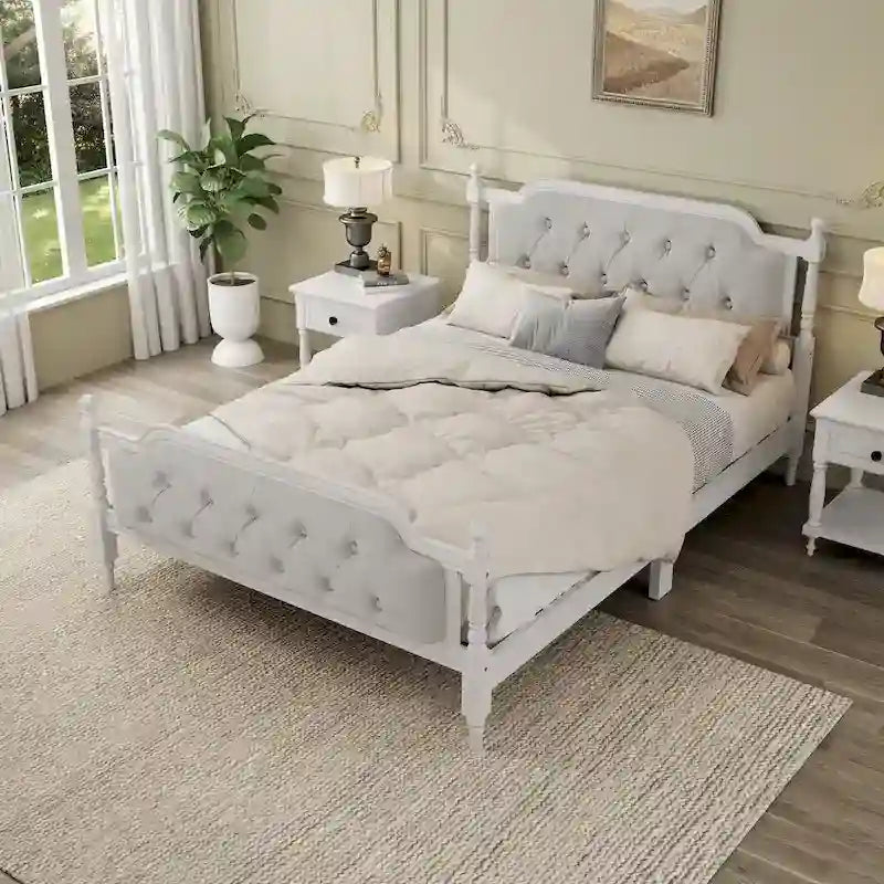Base de cama matrimonial con cabecero tapizado capitoné y listones de madera de pino