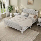 Base de cama matrimonial con cabecero tapizado capitoné y listones de madera de pino
