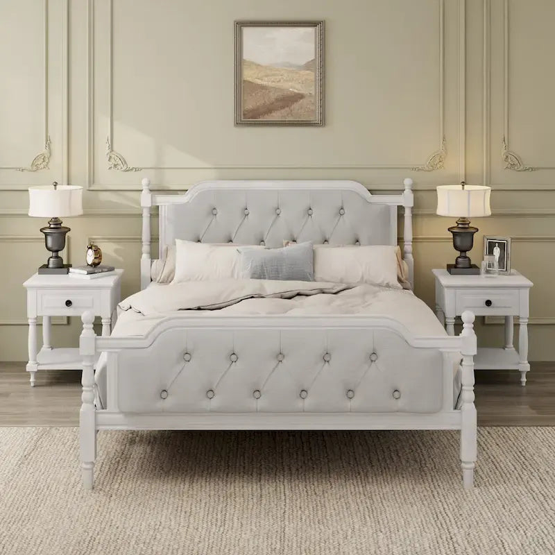 Base de cama matrimonial con cabecero tapizado capitoné y listones de madera de pino