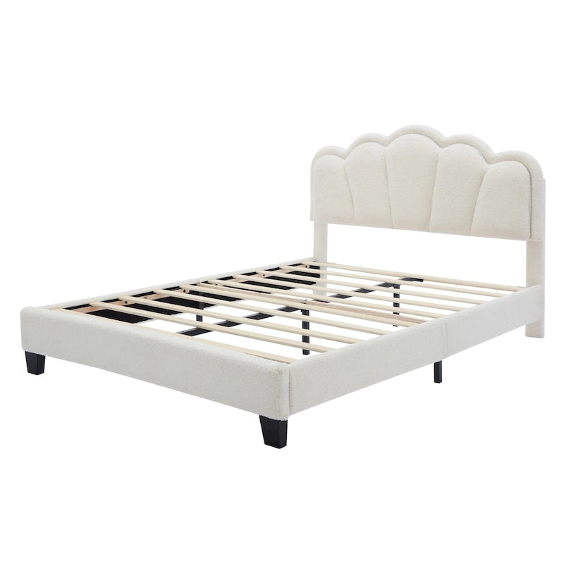 Cama tapizada Sherpa tamaño matrimonial con cabecero floral con LED