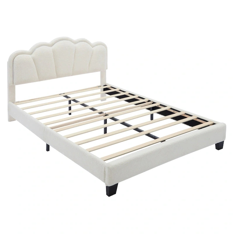 Cama tapizada Sherpa tamaño matrimonial con cabecero floral con LED