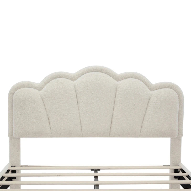Cama tapizada Sherpa tamaño matrimonial con cabecero floral con LED