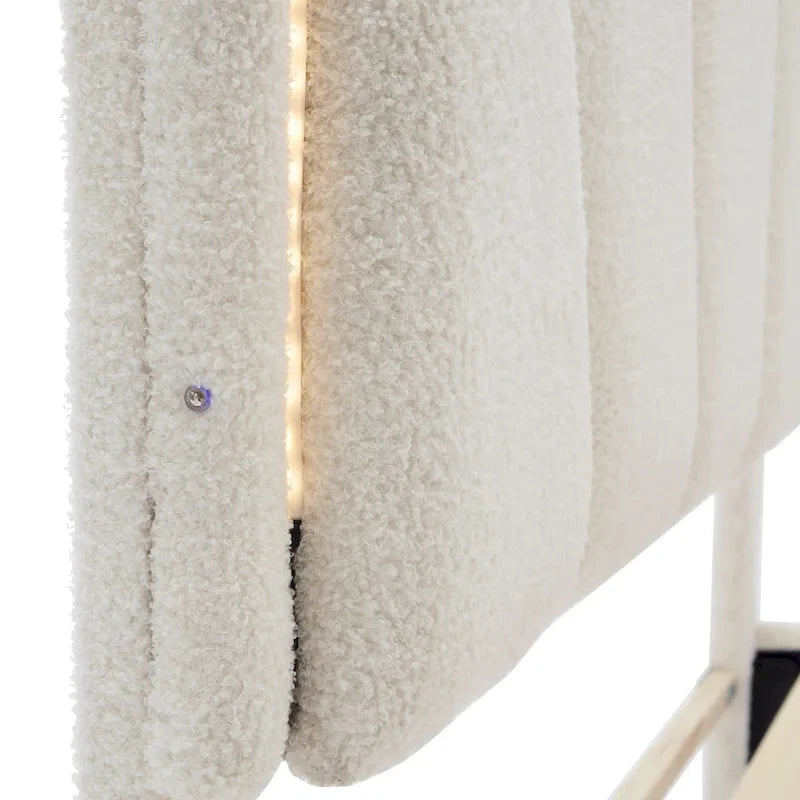 Cama tapizada Sherpa tamaño matrimonial con cabecero floral con LED