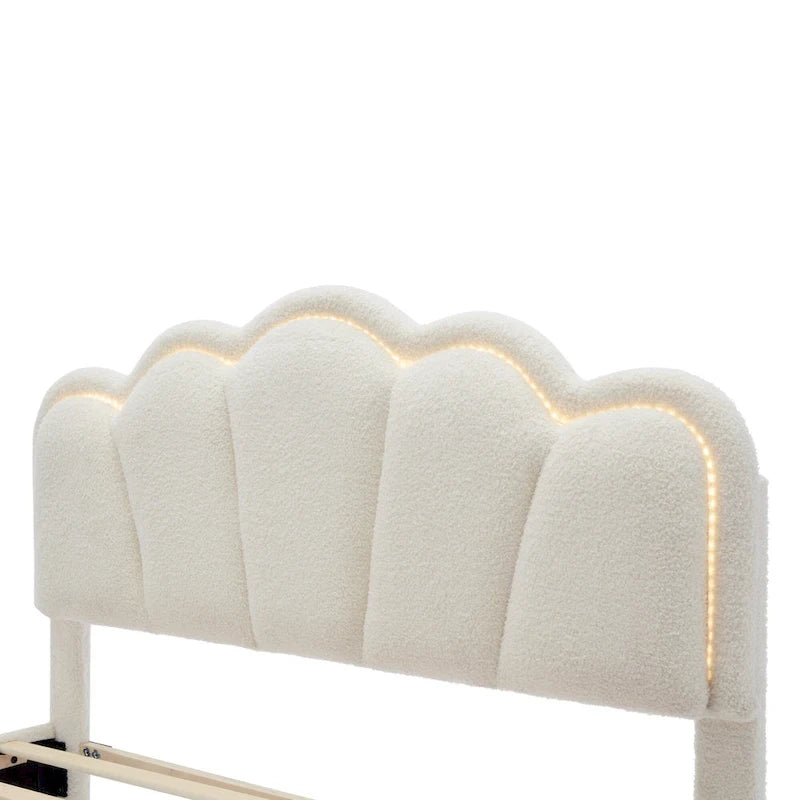 Cama tapizada Sherpa tamaño matrimonial con cabecero floral con LED