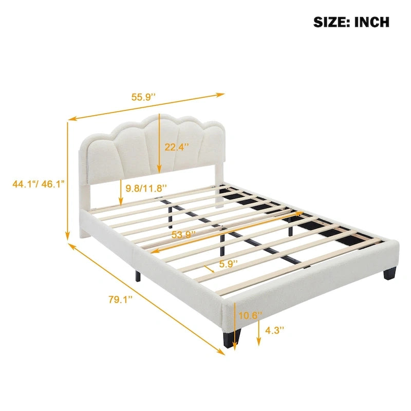 Cama tapizada Sherpa tamaño matrimonial con cabecero floral con LED
