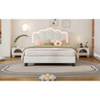 Cama tapizada Sherpa tamaño matrimonial con cabecero floral con LED