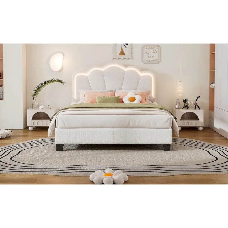Cama tapizada Sherpa tamaño matrimonial con cabecero floral con LED
