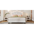 Cama tapizada Sherpa tamaño matrimonial con cabecero floral con LED