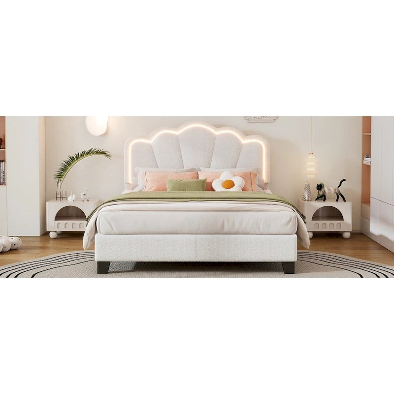 Cama tapizada Sherpa tamaño matrimonial con cabecero floral con LED
