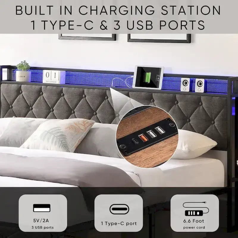 Armazón de cama tapizado tamaño King con cabecero LED y almacenamiento