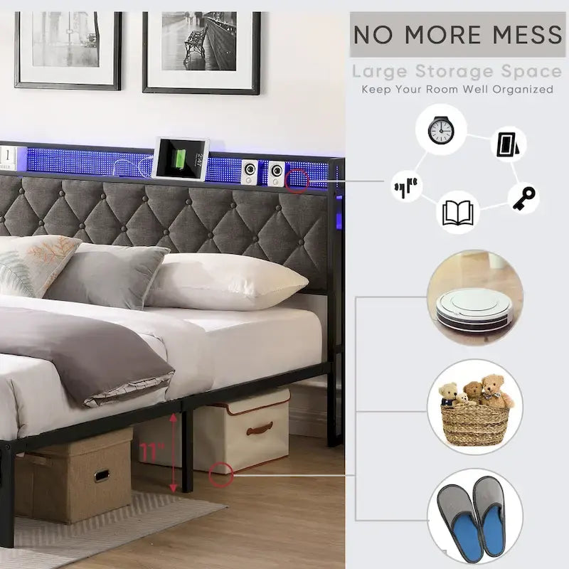 Armazón de cama tapizado tamaño King con cabecero LED y almacenamiento