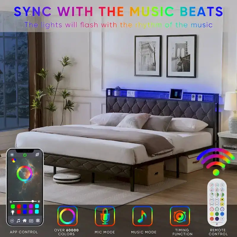 Armazón de cama tapizado tamaño King con cabecero LED y almacenamiento