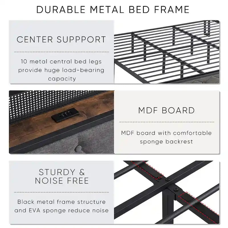 Armazón de cama tapizado tamaño King con cabecero LED y almacenamiento