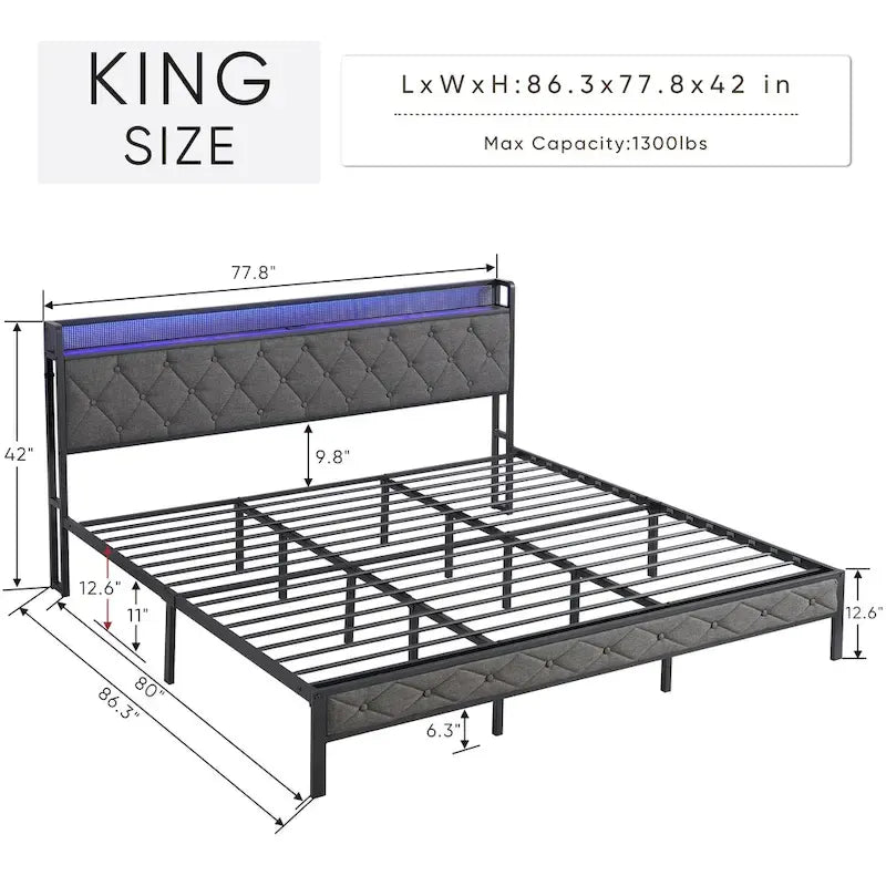 Armazón de cama tapizado tamaño King con cabecero LED y almacenamiento