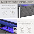 Armazón de cama tapizado tamaño King con cabecero LED y almacenamiento
