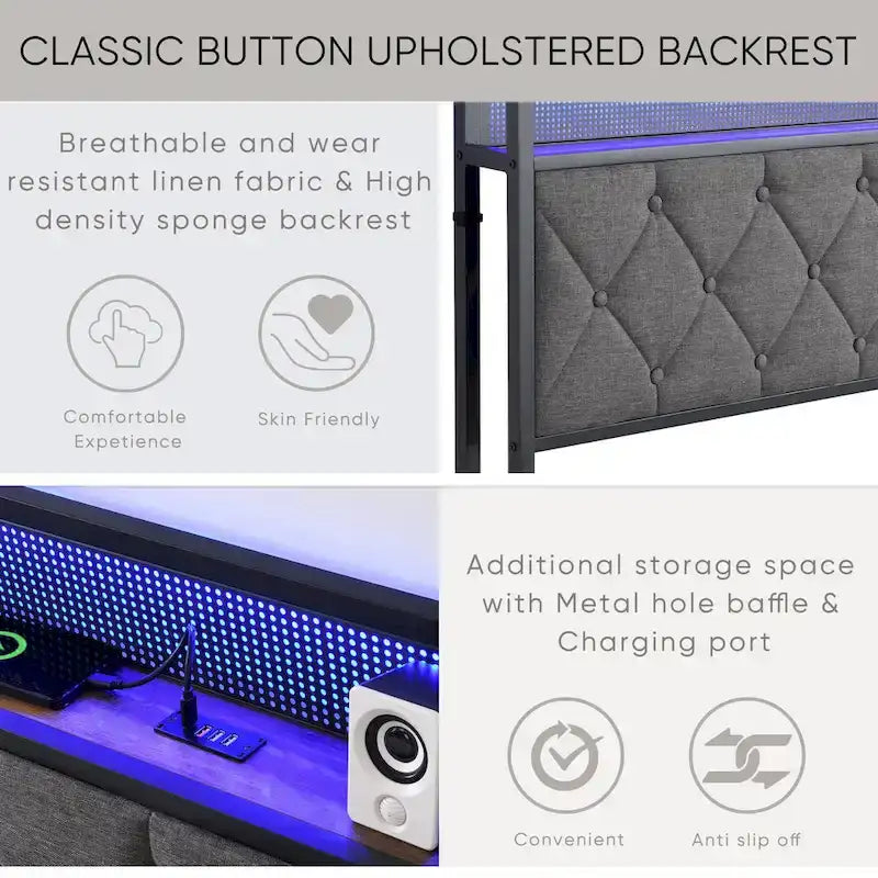 Armazón de cama tapizado tamaño King con cabecero LED y almacenamiento