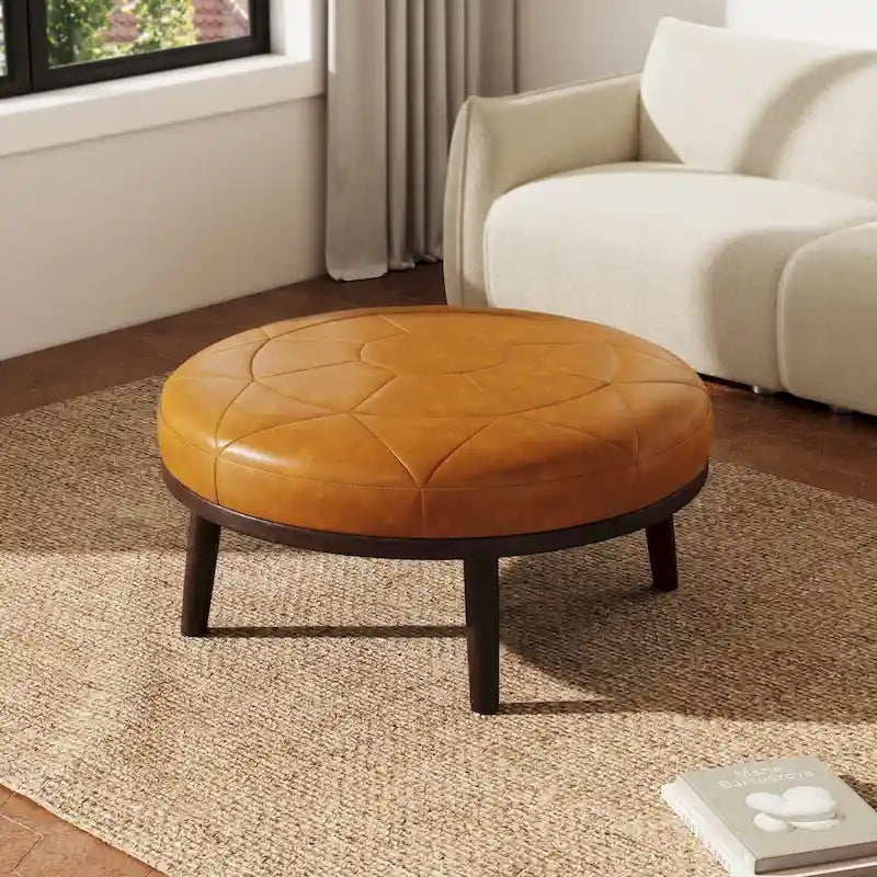 Puf de cuero de plena flor cuadrado de 34.5" con patas de madera maciza