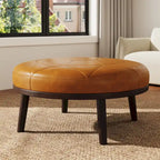 Puf de cuero de plena flor cuadrado de 34.5" con patas de madera maciza