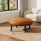 Puf de cuero de plena flor cuadrado de 34.5" con patas de madera maciza