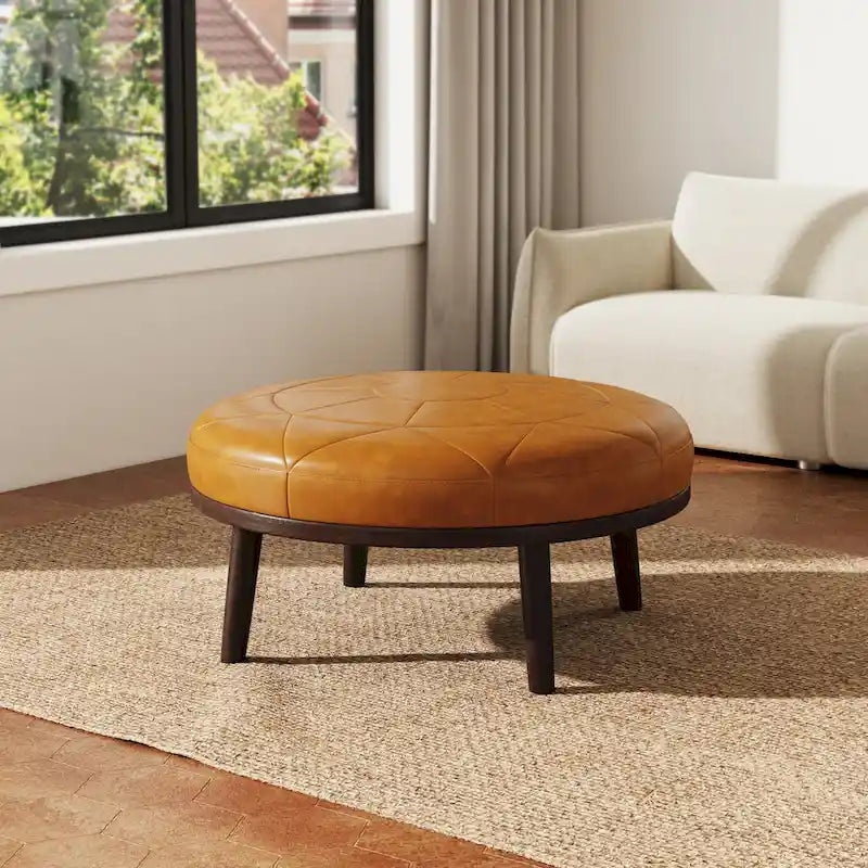 Puf de cuero de plena flor cuadrado de 34.5" con patas de madera maciza